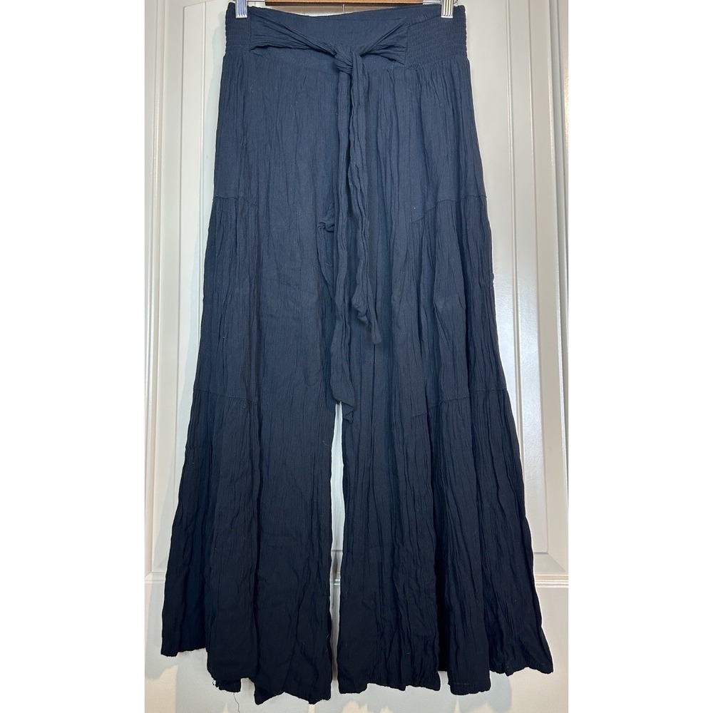 ANGIE Women's S black Tiered Wide flared Leg Boho Pants Smocked tie waist resort
